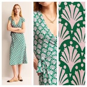 Boden Green Pink Shell Print Joanna Cap‎ Sleeve Tie Wrap Midi Dress Size 14R